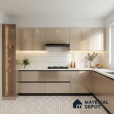 Modern kitchen with beige high gloss laminate cabinets, white quartz countertop, and vertical white subway backsplash tile