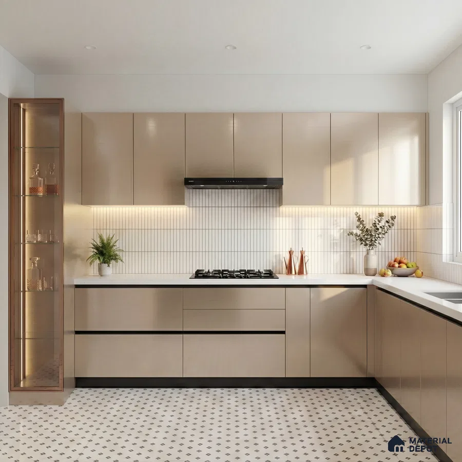 Modern kitchen with beige high gloss laminate cabinets, white quartz countertop, and vertical white subway backsplash tile