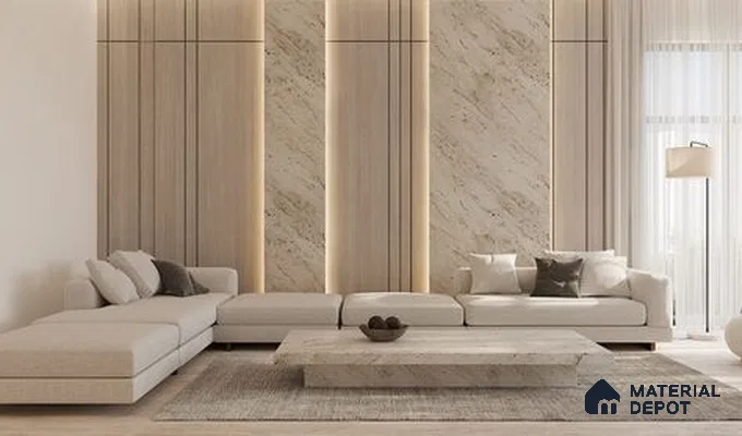 A chic modern living room with a monochromatic color scheme and metal accents.