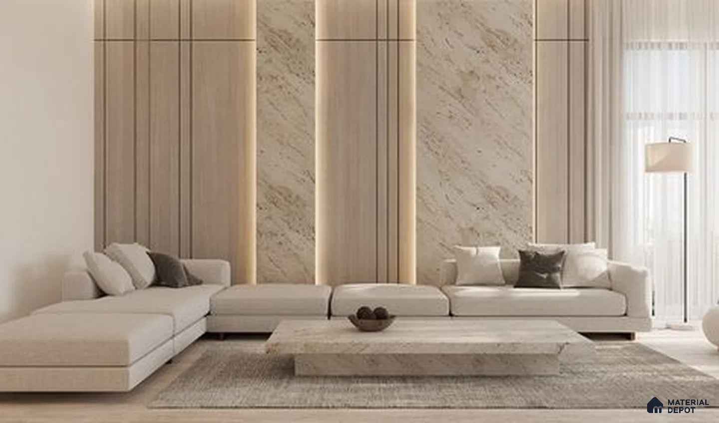 A chic modern living room with a monochromatic color scheme and metal accents.