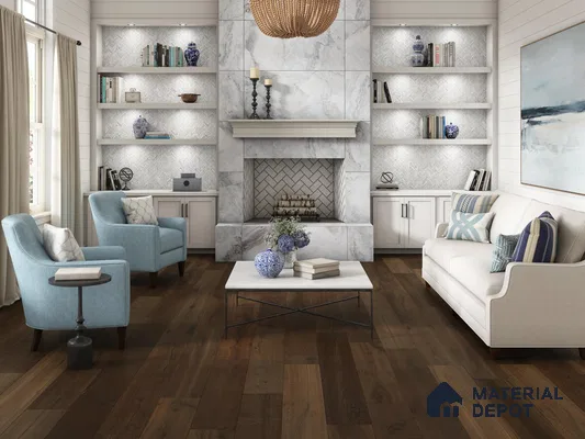 Living room with marble tiles and wenge wooden laminate floor