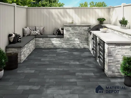 Outdoor area with grey floor tiles and stone wall tiles