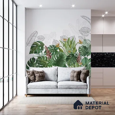 A close-up of a Charm, Nature Theme Based Tropical Wallpaper, Customised Indrani Series Soft Feel Tropical Design (Customised Size Wallpaper )available at Material Depot in Bangalore