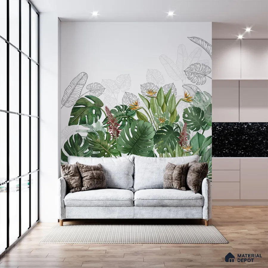 A close-up of a Charm, Nature Theme Based Tropical Wallpaper, Customised Indrani Series Soft Feel Tropical Design (Customised Size Wallpaper )available at Material Depot in Bangalore