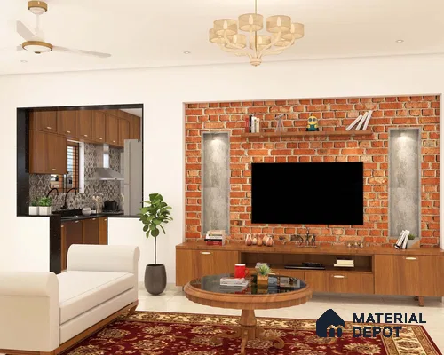 Rustic TV Unit: Brick Accent, Wooden Charm in White Living Room