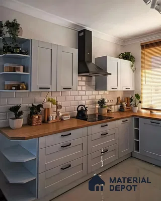 Charming and Cozy Kitchen Design with Light Blue Cabinets and Natural Accents | Material Depot