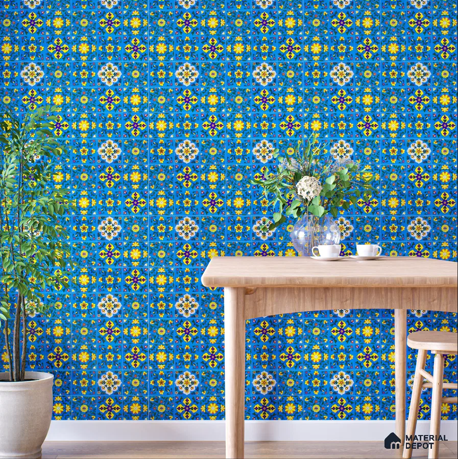 Charming Dining Area with Blue Floral Tile Wall | Material Depot