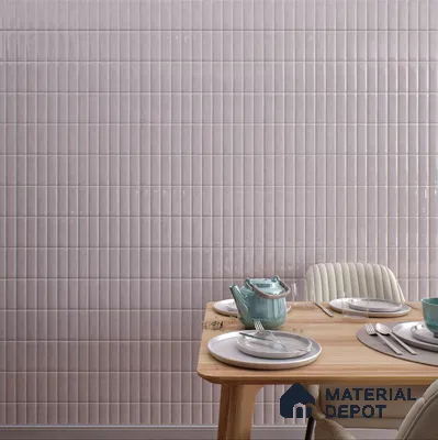 Charming Dining Area with Soft Pink Tile Backsplash | Material Depot