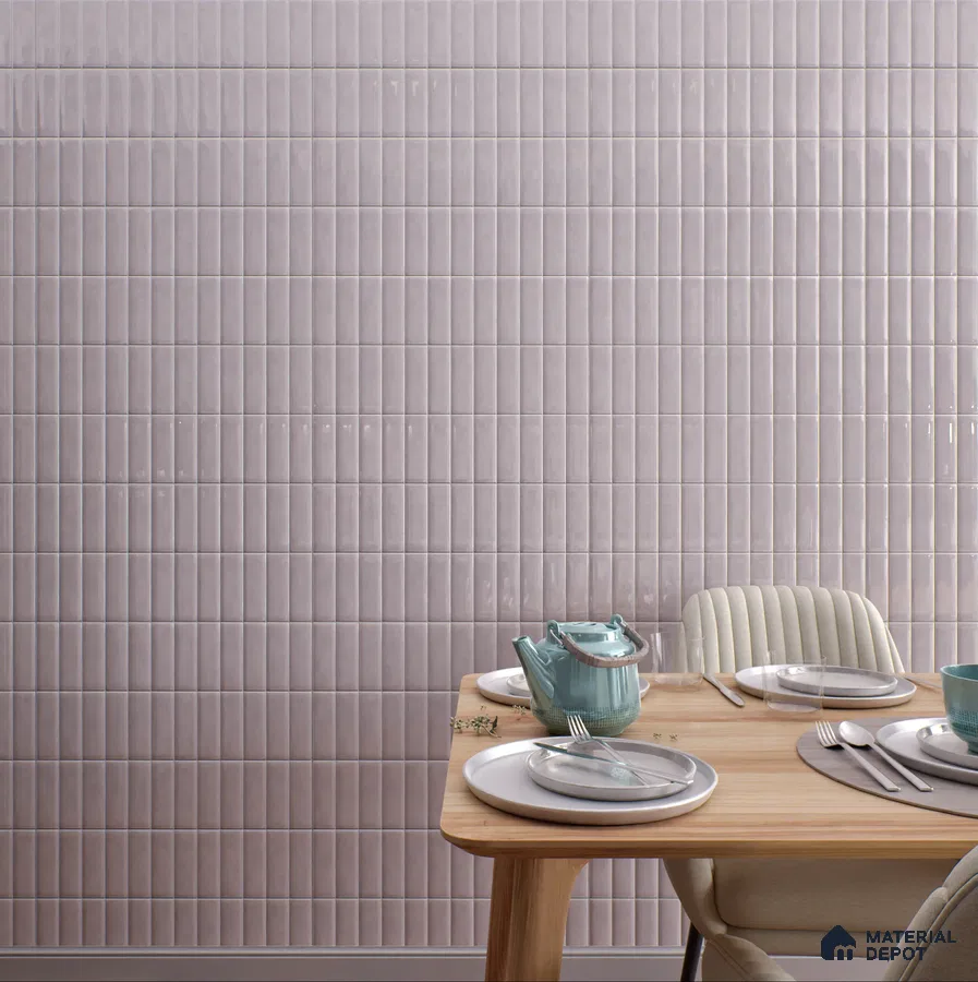 Charming Dining Area with Soft Pink Tile Backsplash | Material Depot