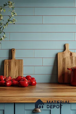 Charming Kitchen with Blue Subway Tiles and Warm Wooden Countertop | Material Depot