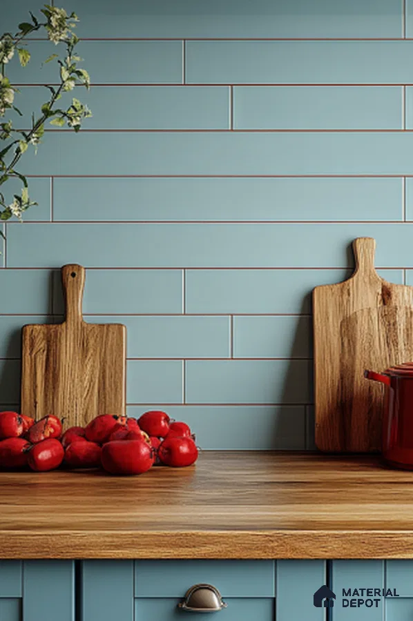 Charming Kitchen with Blue Subway Tiles and Warm Wooden Countertop | Material Depot