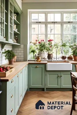 Charming Kitchen Design Featuring Soft Green Cabinets, Classic Farmhouse Sink, and Abundant Natural Light | Material Depot