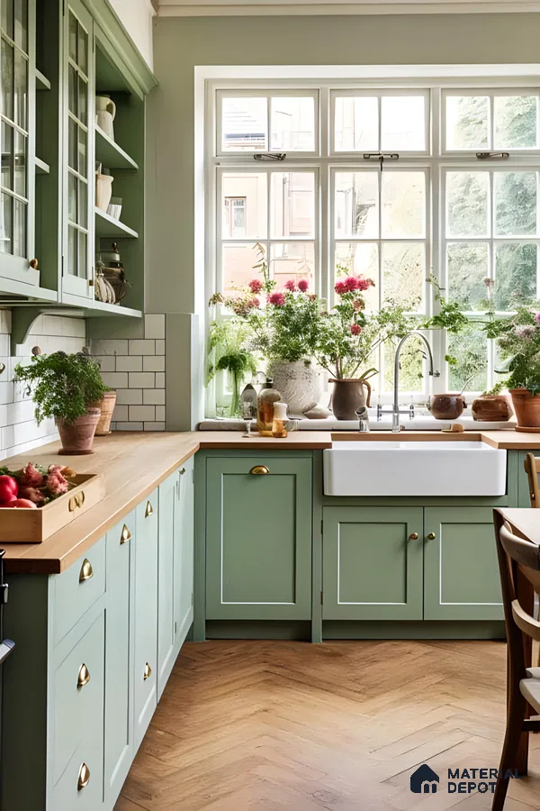 Charming Kitchen Design Featuring Soft Green Cabinets, Classic Farmhouse Sink, and Abundant Natural Light | Material Depot