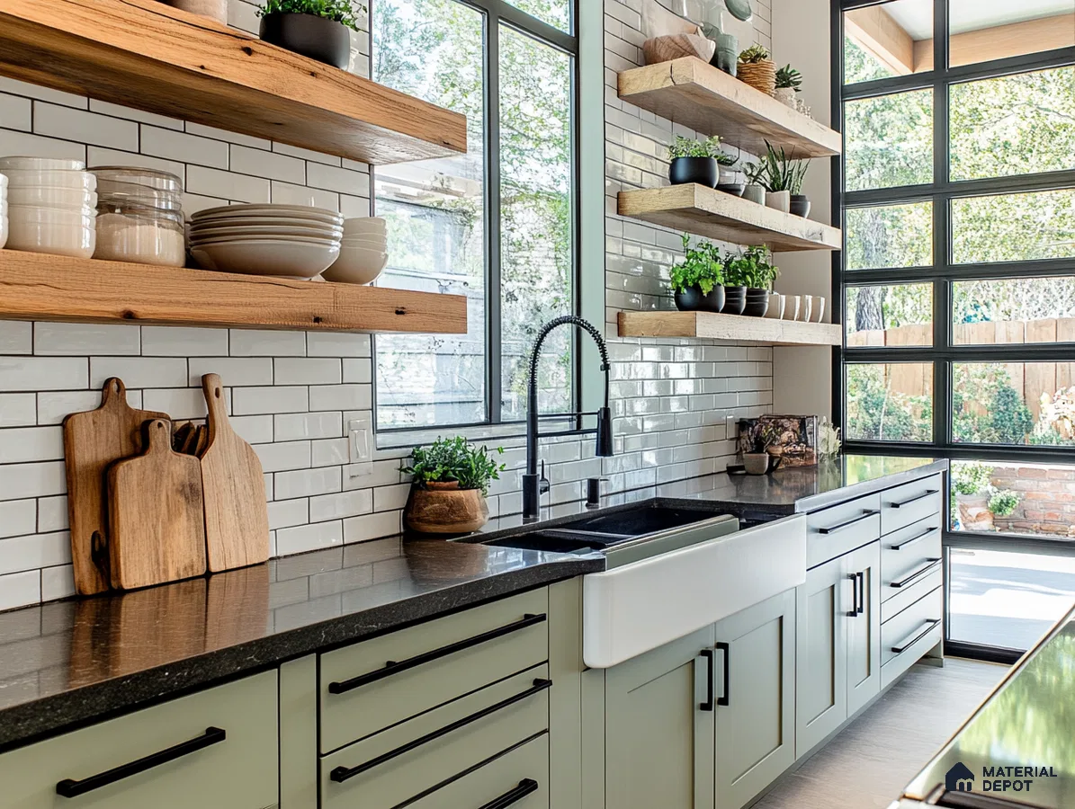 Charming Kitchen with Open Shelving and Natural Light | Material Depot