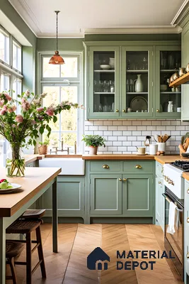 Charming kitchen with pastel green cabinets, subway tiles, and brass fixtures for a classic look. | Material Depot