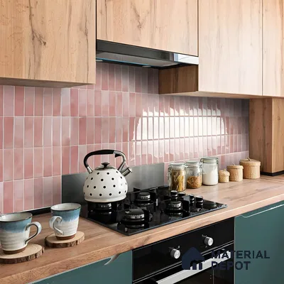 Charming Kitchen with Pink Glazed Tiles and Natural Wood Accents | Material Depot