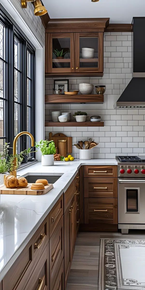 Modern kitchen with walnut wood laminate cabinets, white quartz ...