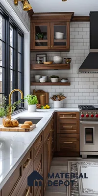 Charming kitchen with walnut cabinets, white quartz countertop, and classic subway tile backsplash. | Material Depot