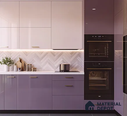 Charming Lavender Glossy Solid Laminate Kitchen with Chevron Backsplash | Material Depot