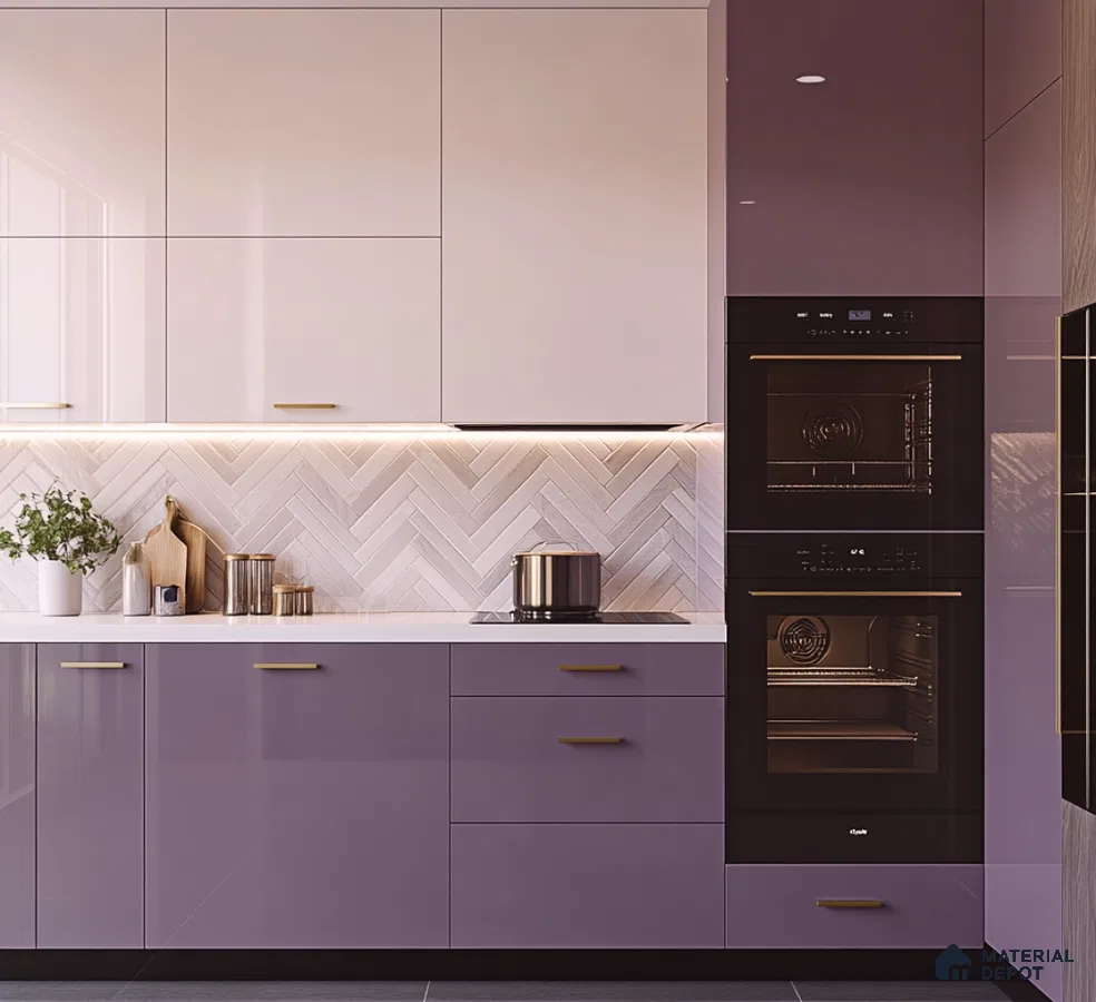 Charming Lavender Glossy Solid Laminate Kitchen with Chevron Backsplash | Material Depot