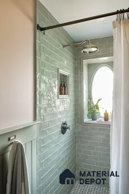 Charming Shower Design with Glossy Green Subway Tiles and Natural Light | Material Depot