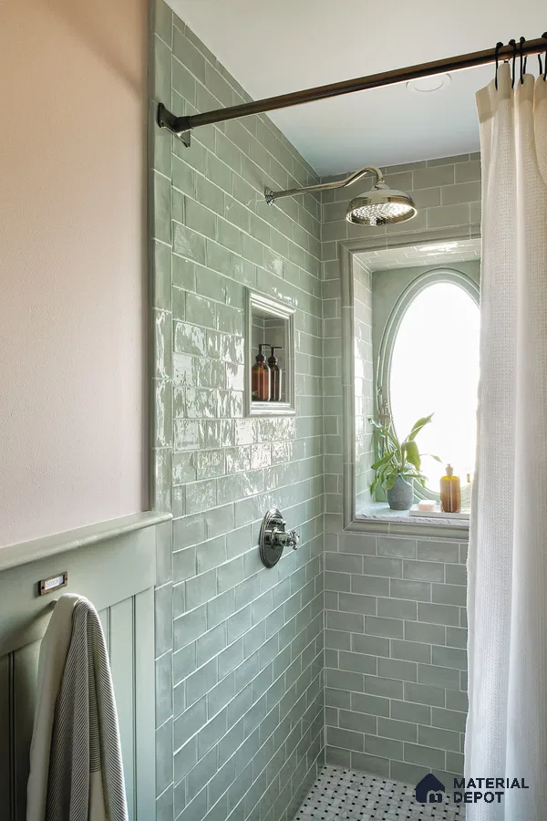 Charming Shower Design with Glossy Green Subway Tiles and Natural Light | Material Depot