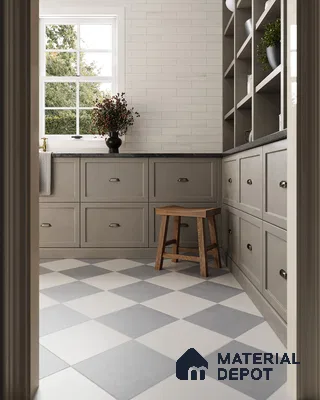 Charming Traditional Kitchen with Checkerboard Tile Floor and White Brick Backsplash | Material Depot