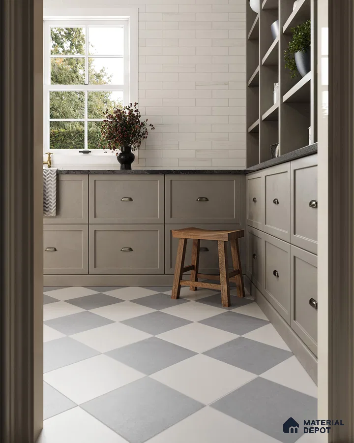 Charming Traditional Kitchen with Checkerboard Tile Floor and White Brick Backsplash | Material Depot