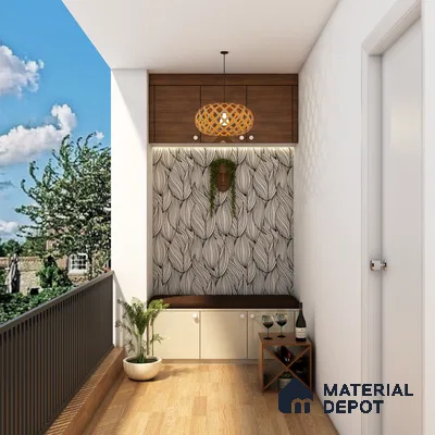 Charming Balcony with 3D Wallpaper & Wooden Storage