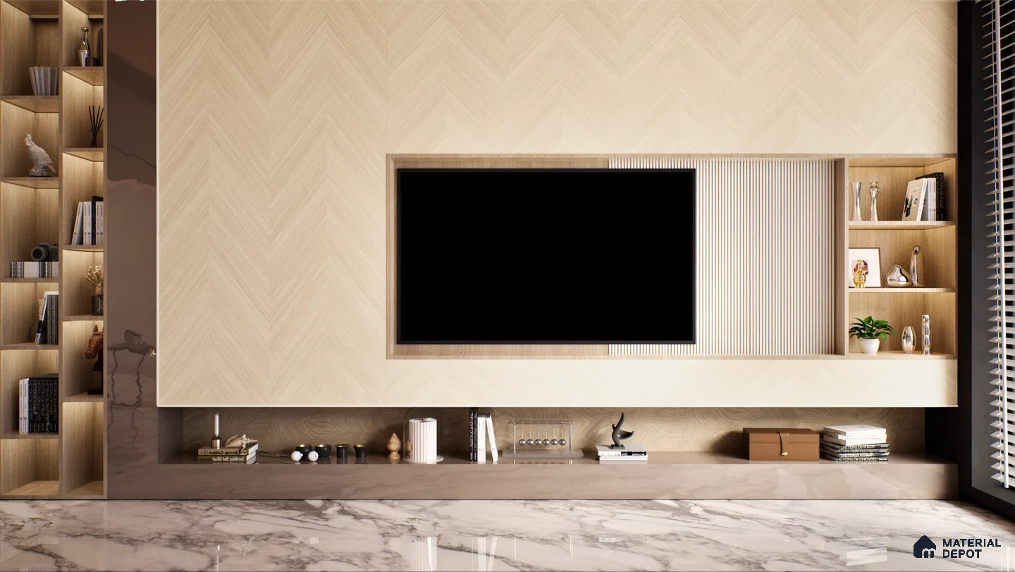 Chevron Pattern Wooden Laminate TV Wall for Elegant Living Room Design | Material Depot