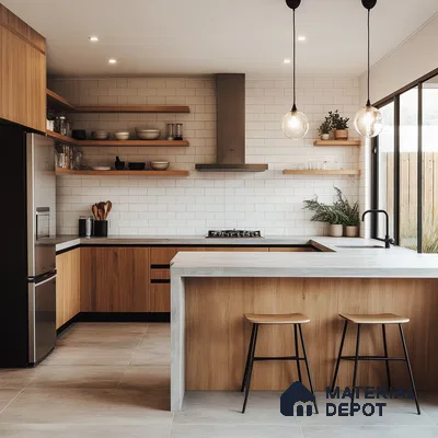 Chic and Airy Kitchen Design with Light Wooden Fixtures and Open Shelving for a Natural Touch | Material Depot
