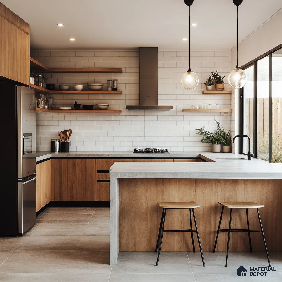 Chic and Airy Kitchen Design with Light Wooden Fixtures and Open Shelving for a Natural Touch | Material Depot