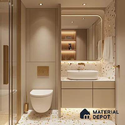 Chic and Luxurious: Elegant Bathroom with Gold Details and Cream Terrazzo | Material Depot