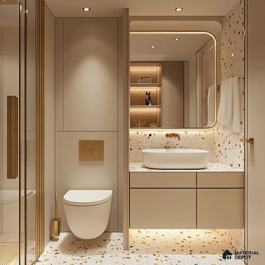 Chic and Luxurious: Elegant Bathroom with Gold Details and Cream Terrazzo | Material Depot