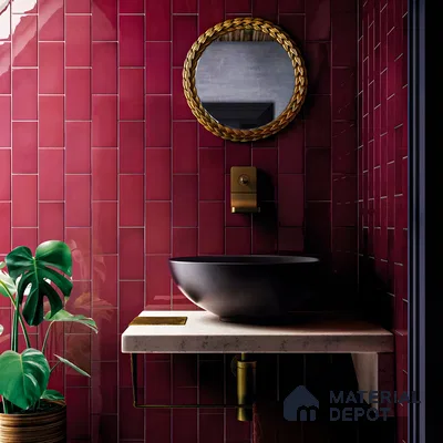 Chic and Modern Bathroom with Rich Burgundy Tiles and Elegant Fixtures | Material Depot