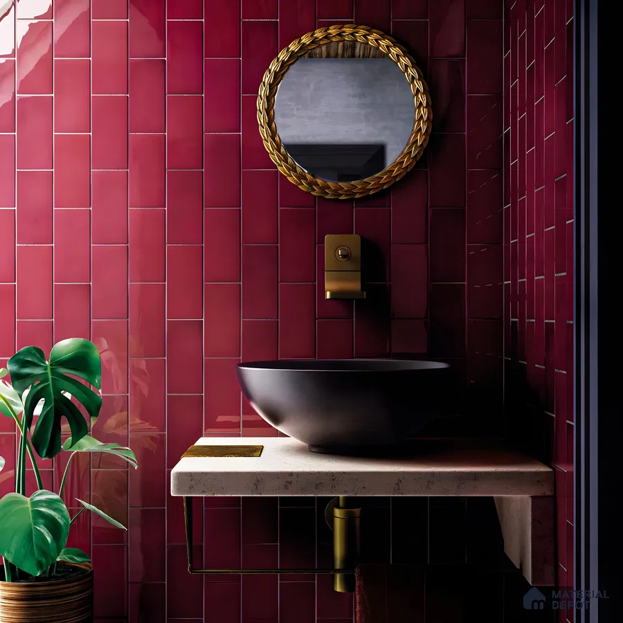 Chic and Modern Bathroom with Rich Burgundy Tiles and Elegant Fixtures | Material Depot