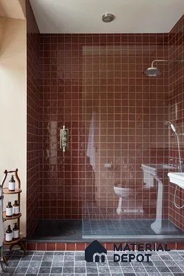 Chic and Modern Shower Space with Rich Burgundy Tiles and Minimalist Design | Material Depot