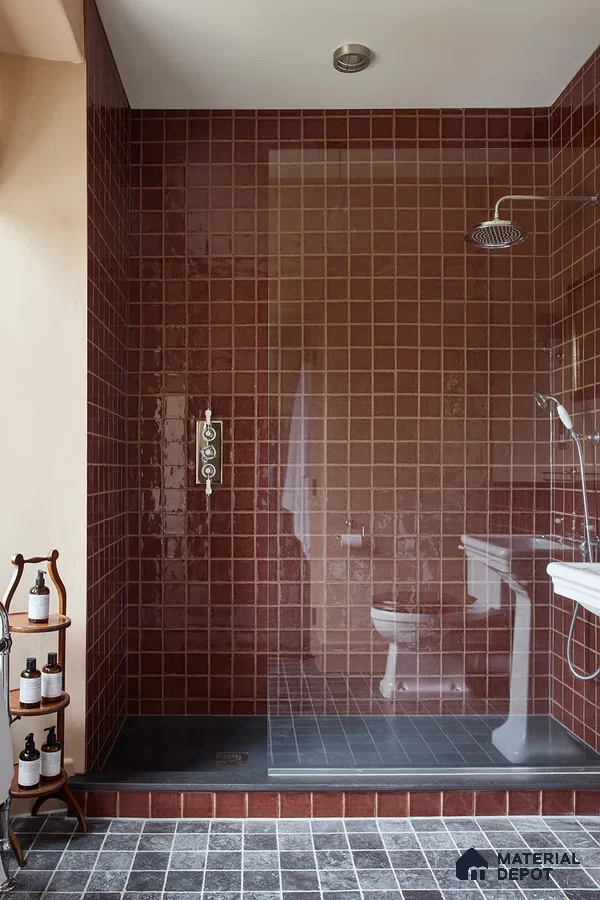Chic and Modern Shower Space with Rich Burgundy Tiles and Minimalist Design | Material Depot