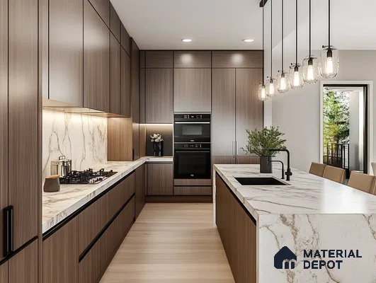 Chic and Spacious Kitchen Design Highlighting Marble Waterfall Island and Designer Lighting | Material Depot