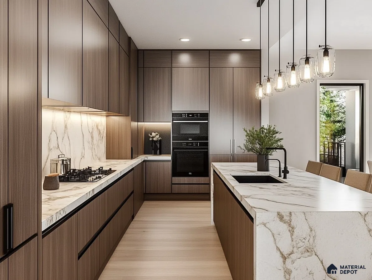 Chic and Spacious Kitchen Design Highlighting Marble Waterfall Island and Designer Lighting | Material Depot
