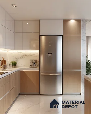 Chic and Stylish Kitchen Space with Marble Features and Dark Contrasting Cabinetry | Material Depot