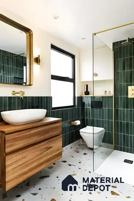 Chic Bathroom Interior with Natural Light and Green Tiles | Material Depot