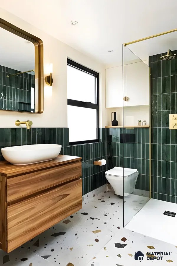 Chic Bathroom Interior with Natural Light and Green Tiles | Material Depot
