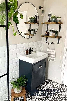 Chic Bathroom with Black Vanity and Wooden Accents | Material Depot