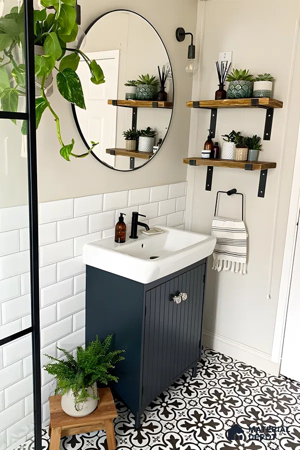 Chic Bathroom with Black Vanity and Wooden Accents | Material Depot