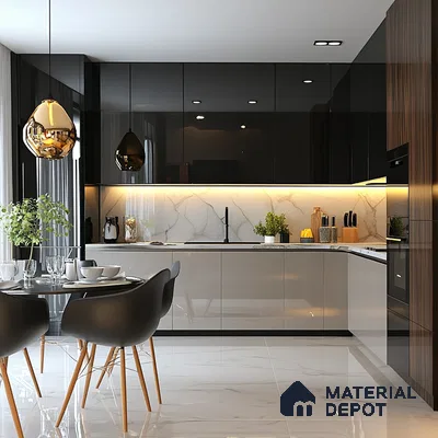 Chic Black Kitchen with Sleek Marble Accents and Integrated Dining Nook | Material Depot