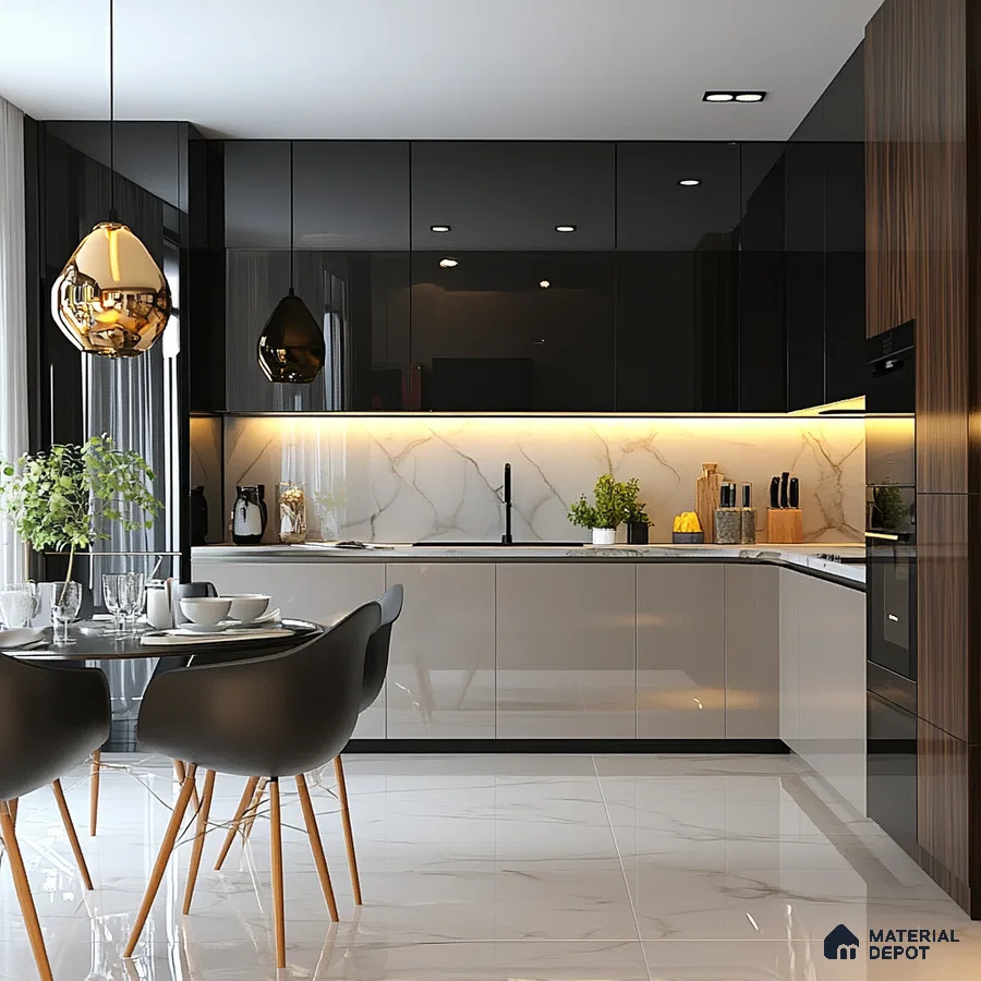 Chic Black Kitchen with Sleek Marble Accents and Integrated Dining Nook | Material Depot