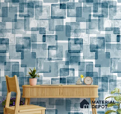 A close-up of a Blue and White Abstract Square Blocks Wallpaper 19.6 Inches(W) x 420 Inches(H) Atarangi Series Abstract Patterned - 57 Sq. Ft. with a finish available at Material Depot in Bangalore