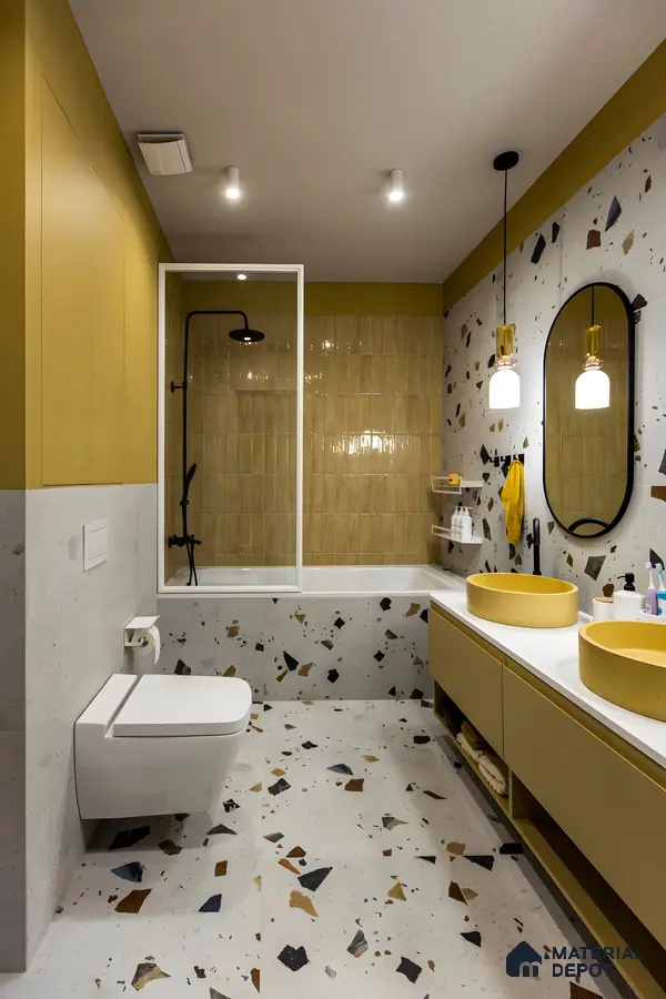 Chic Contemporary Bathroom with Terrazzo and Mustard Yellow Accents | Material Depot