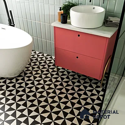 Chic Contrast: Coral Vanity and Monochrome Geometric Tile Bathroom | Material Depot